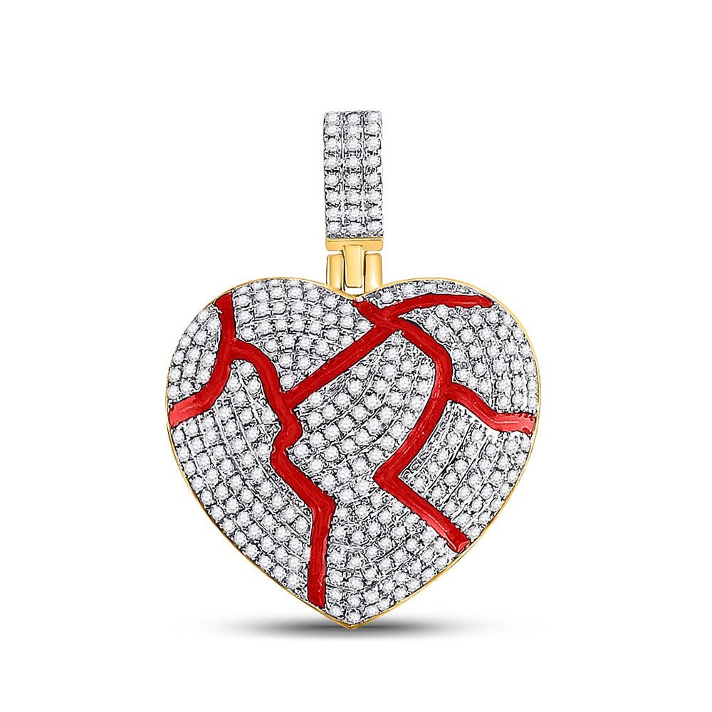 10kt Yellow Gold Men's Round Diamond Red Broken Heart Charm Pendant 3/4 Cttw - Splendid Jewellery