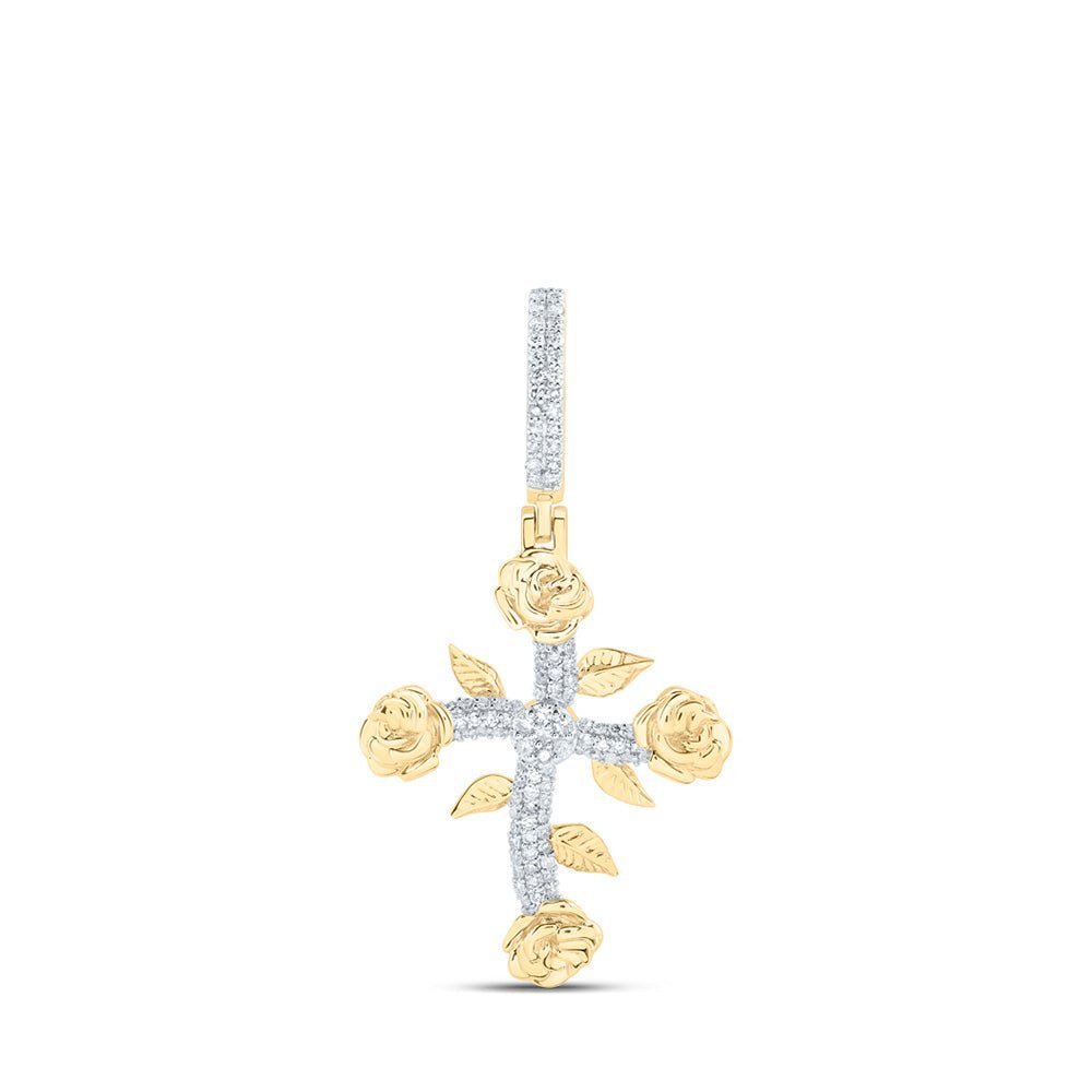 10kt Yellow Gold Men's Round Diamond Rose Cross Charm Pendant - 1/3 Cttw | Splendid Jewellery - Splendid Jewellery