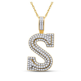 10kt Yellow Gold Men's Round Diamond S Initial Letter Charm Pendant - 1 - 5/8 Cttw - Splendid Jewellery