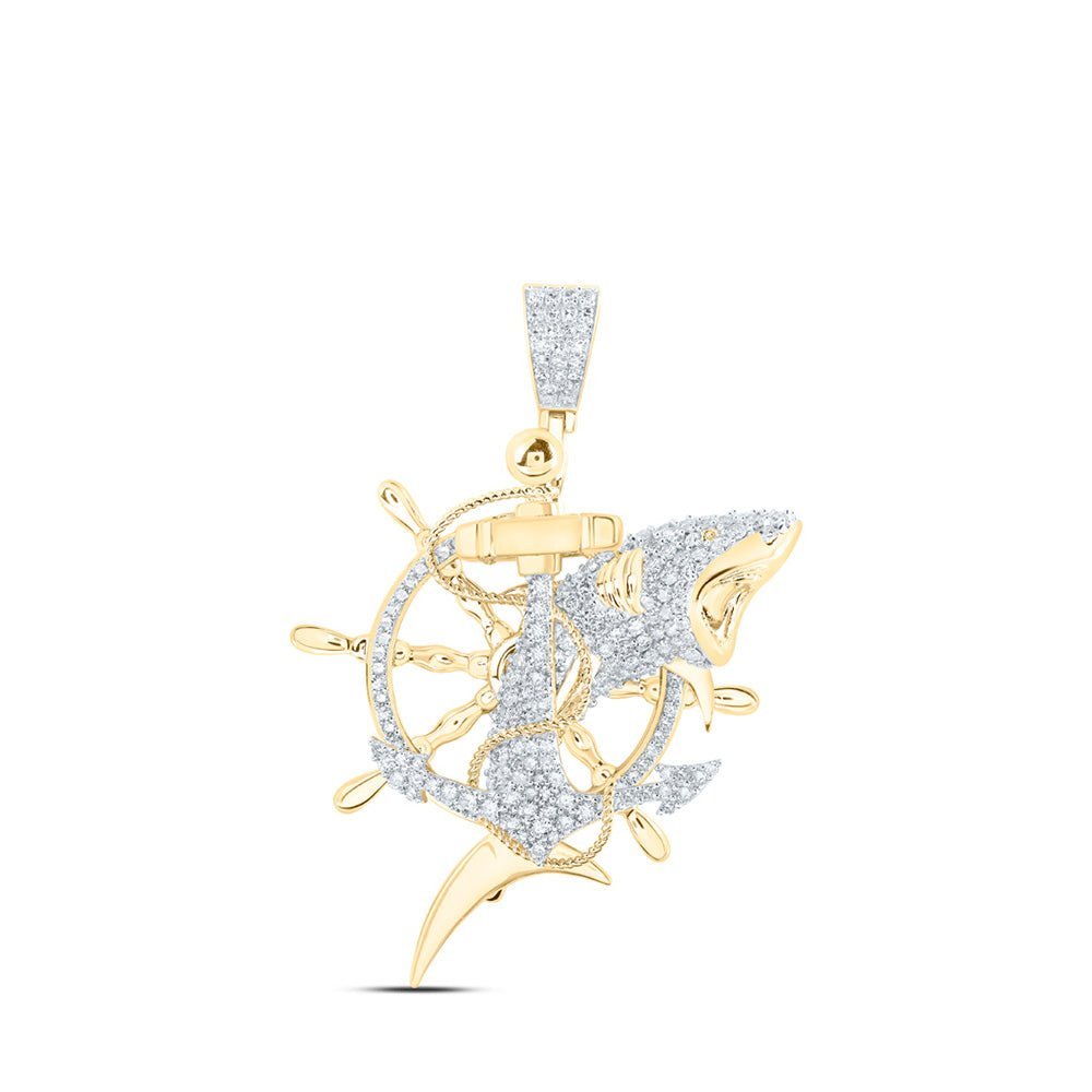 10kt Yellow Gold Men's Round Diamond Shark Nautical Wheel Charm Pendant - 2 Cttw | Splendid Jewellery - Splendid Jewellery