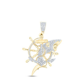 10kt Yellow Gold Men's Round Diamond Shark Nautical Wheel Charm Pendant - 2 Cttw | Splendid Jewellery - Splendid Jewellery