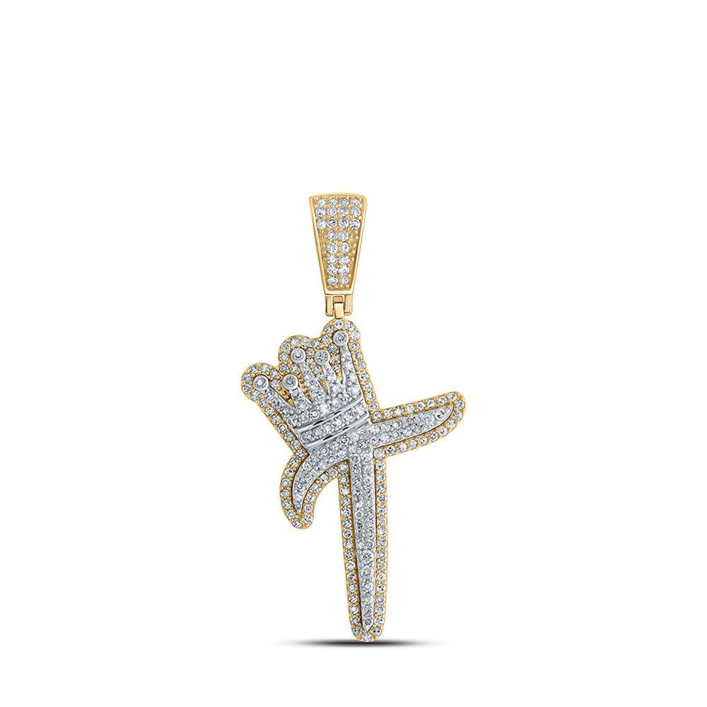 10kt Yellow Gold Mens Round Diamond T Crown Letter Charm Pendant - 1 Cttw - Splendid Jewellery