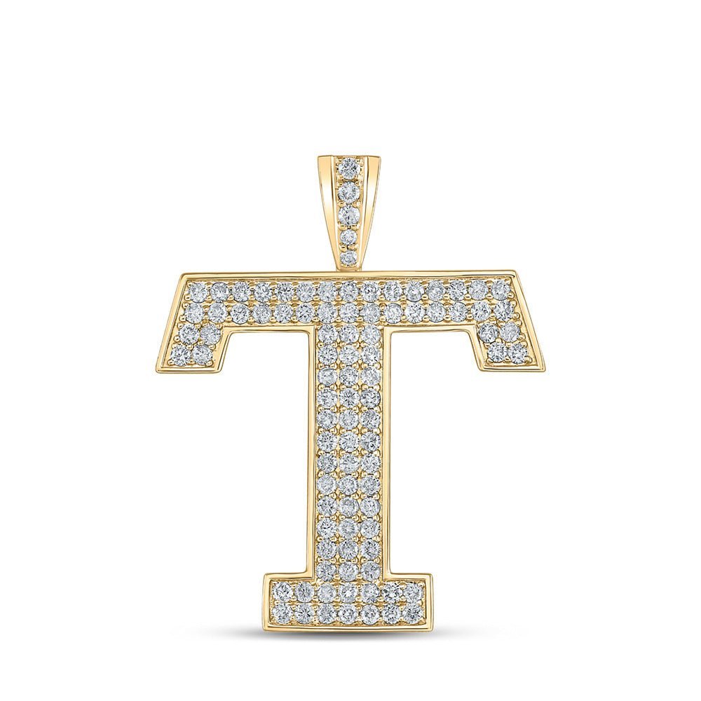 10kt Yellow Gold Men's Round Diamond T Initial Letter Charm Pendant - 1 - 1/2 Cttw - Splendid Jewellery