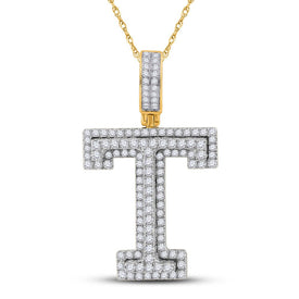 10kt Yellow Gold Men's Round Diamond T Initial Letter Charm Pendant - 1-1/2 Cttw product  Top View from Splendid Jewellery