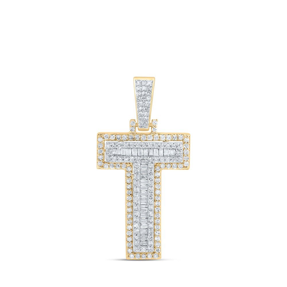 10kt Yellow Gold Men's Round Diamond T Initial Letter Charm Pendant 3/4 Cttw - Splendid Jewellery