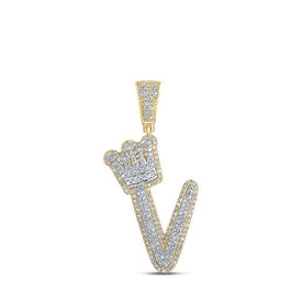 10kt Yellow Gold Mens Round Diamond V Crown Letter Charm Pendant 1 Cttw - Splendid Jewellery