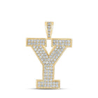 10kt Yellow Gold Men's Round Diamond Y Initial Letter Charm Pendant - 1 - 5/8 Cttw - Splendid Jewellery