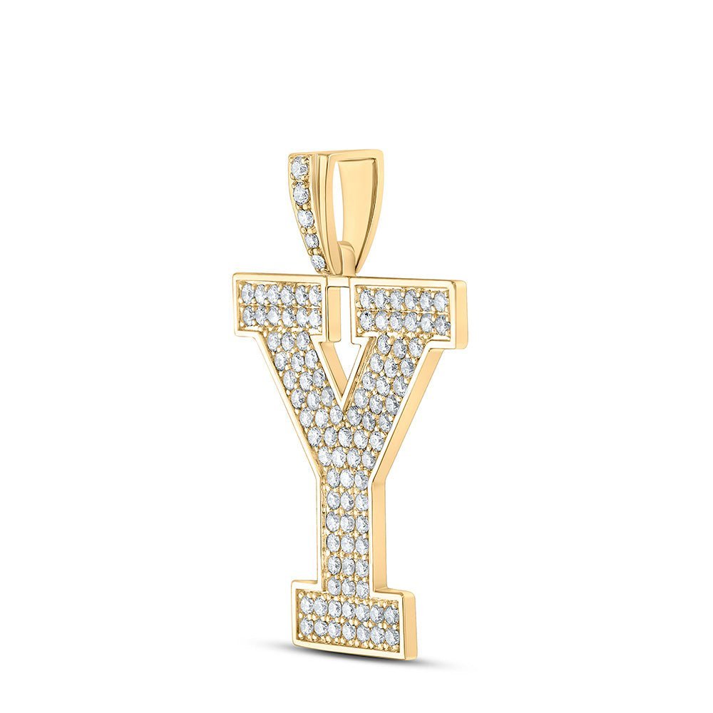 10kt Yellow Gold Men's Round Diamond Y Initial Letter Charm Pendant - 1 - 5/8 Cttw - Splendid Jewellery