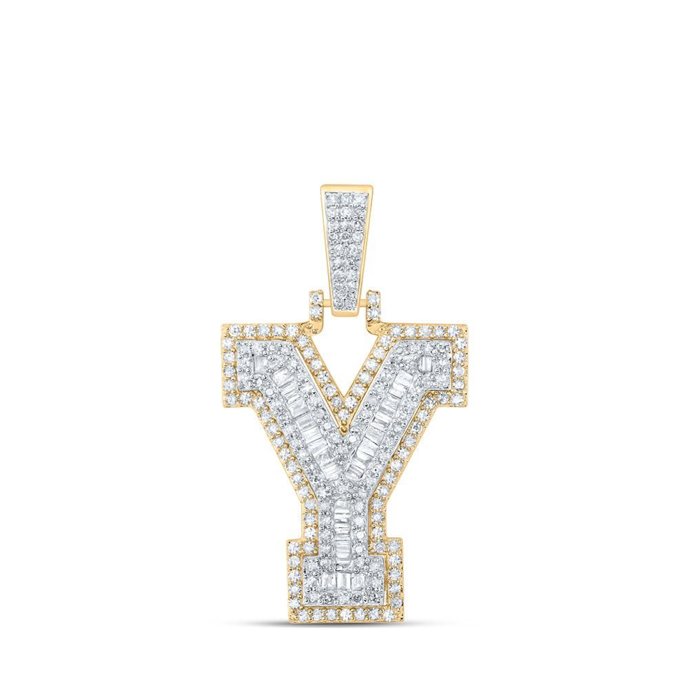 10kt Yellow Gold Men's Round Diamond Y Initial Letter Charm Pendant - Splendid Jewellery