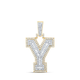 10kt Yellow Gold Men's Round Diamond Y Initial Letter Charm Pendant - Splendid Jewellery