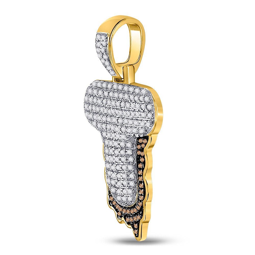 10kt Yellow Gold Mens Round Red Color Enhanced Diamond Letter T Blood Charm Pendant - Captivating Men's Diamond Charm Pendant - Splendid Jewellery