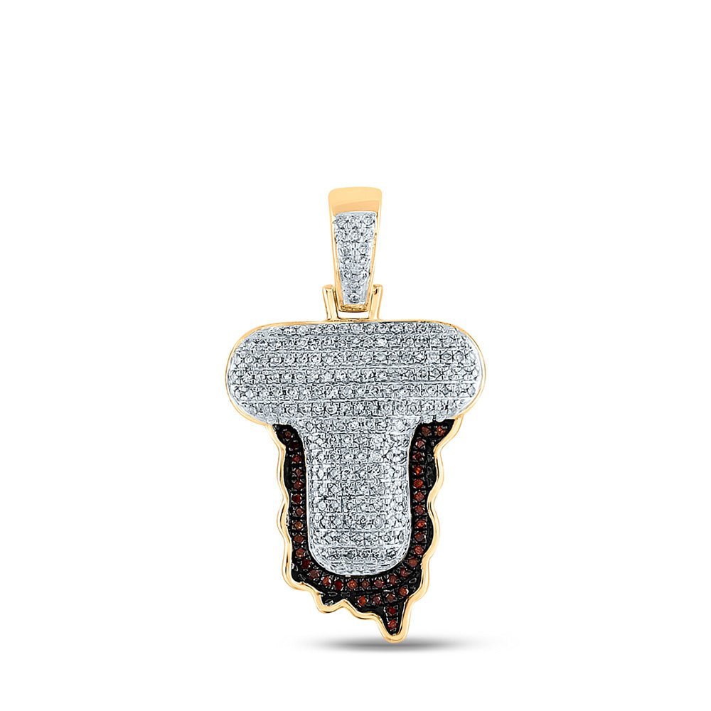 10kt Yellow Gold Mens Round Red Color Enhanced Diamond Letter T Blood Charm Pendant - Captivating Men's Diamond Charm Pendant - Splendid Jewellery