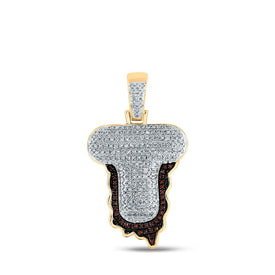 10kt Yellow Gold Mens Round Red Color Enhanced Diamond Letter T Blood Charm Pendant - Captivating Men's Diamond Charm Pendant - Splendid Jewellery