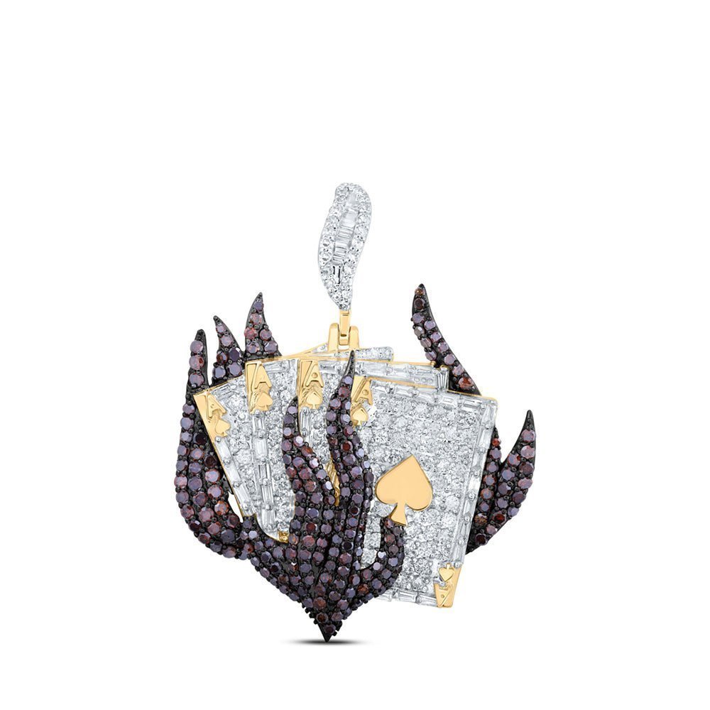 10kt Yellow Gold Mens Round Red Color Treated Diamond ACE Spades Flame Charm Pendant 3 - 1/3 Cttw | Splendid Jewellery - Splendid Jewellery
