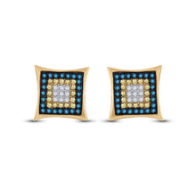 Load image into Gallery viewer, 10kt Yellow Gold Mens Square Cluster Earrings with Enhanced Yellow and Blue Diamonds  Top View from Splendid Jewellery