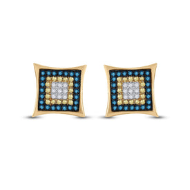 10kt Yellow Gold Mens Square Cluster Earrings with Enhanced Yellow and Blue Diamonds  Top View from Splendid Jewellery