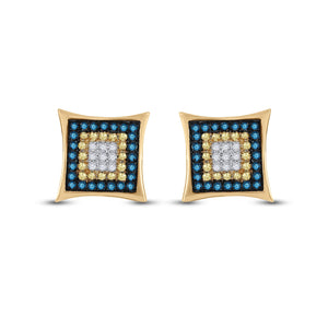 10kt Yellow Gold Mens Square Cluster Earrings with Enhanced Yellow and Blue Diamonds - Splendid Jewellery