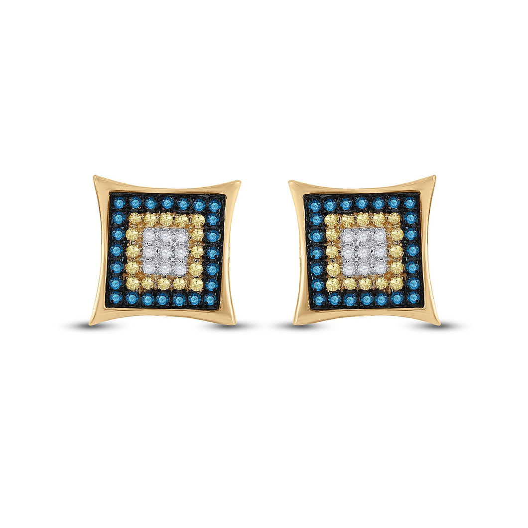 10kt Yellow Gold Mens Square Cluster Earrings with Enhanced Yellow and Blue Diamonds - Splendid Jewellery