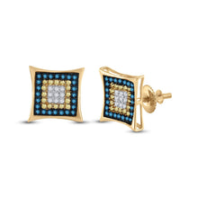 Load image into Gallery viewer, 10kt Yellow Gold Mens Square Cluster Earrings with Enhanced Yellow and Blue Diamonds - Splendid Jewellery