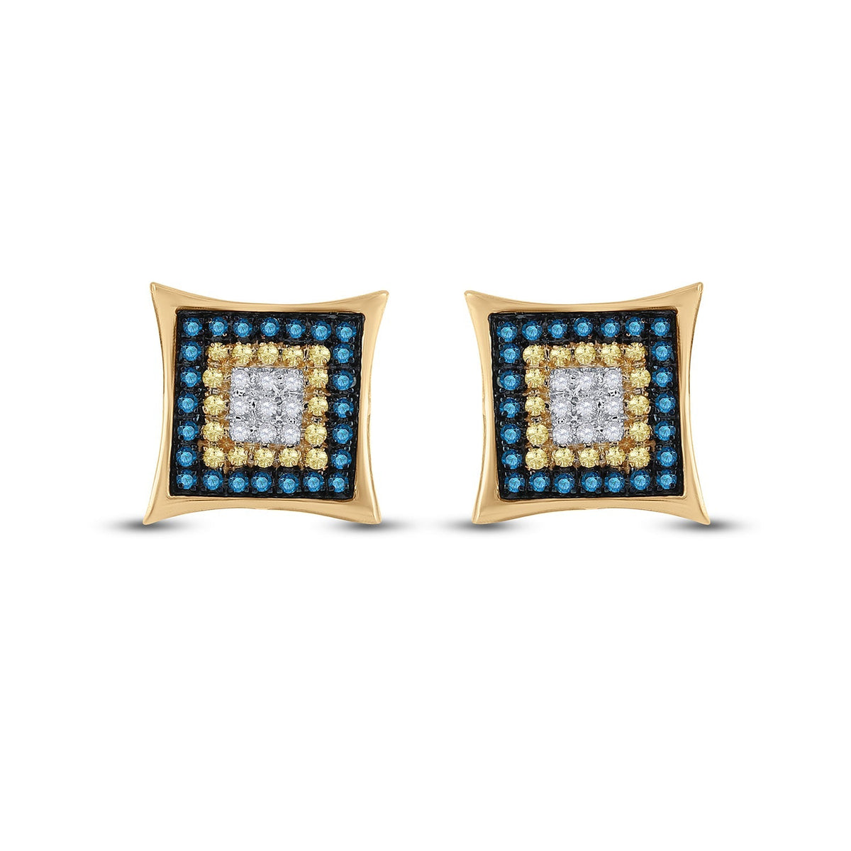 10kt Yellow Gold Mens Square Cluster Earrings with Enhanced Yellow and Blue Diamonds - Splendid Jewellery