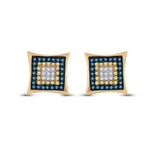 Load image into Gallery viewer, 10kt Yellow Gold Mens Square Cluster Earrings with Enhanced Yellow and Blue Diamonds - Splendid Jewellery