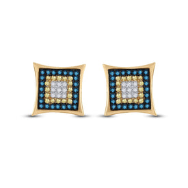 10kt Yellow Gold Mens Square Cluster Earrings with Enhanced Yellow and Blue Diamonds - Splendid Jewellery