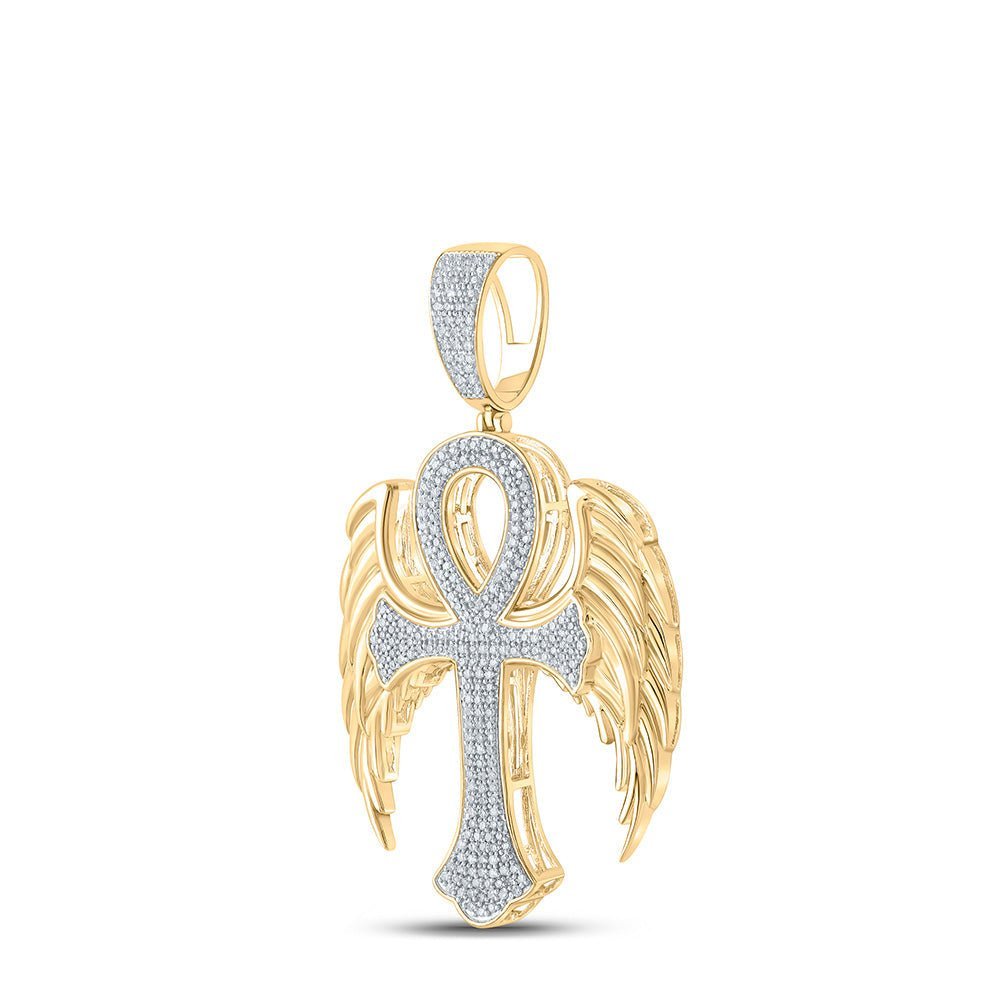 10kt Yellow Gold Men's Wing Ankh Cross Diamond Pendant - 5/8 Cttw - Splendid Jewellery