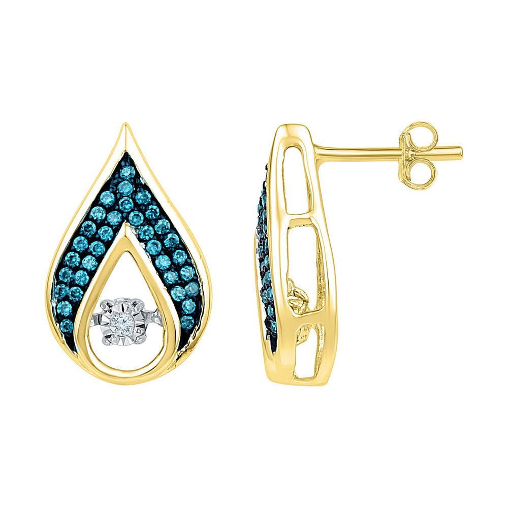 10kt Yellow Gold Womens Round Blue Color Enhanced Diamond Teardrop Earrings 1/4 Cttw | Splendid Azure Drops - Splendid Jewellery