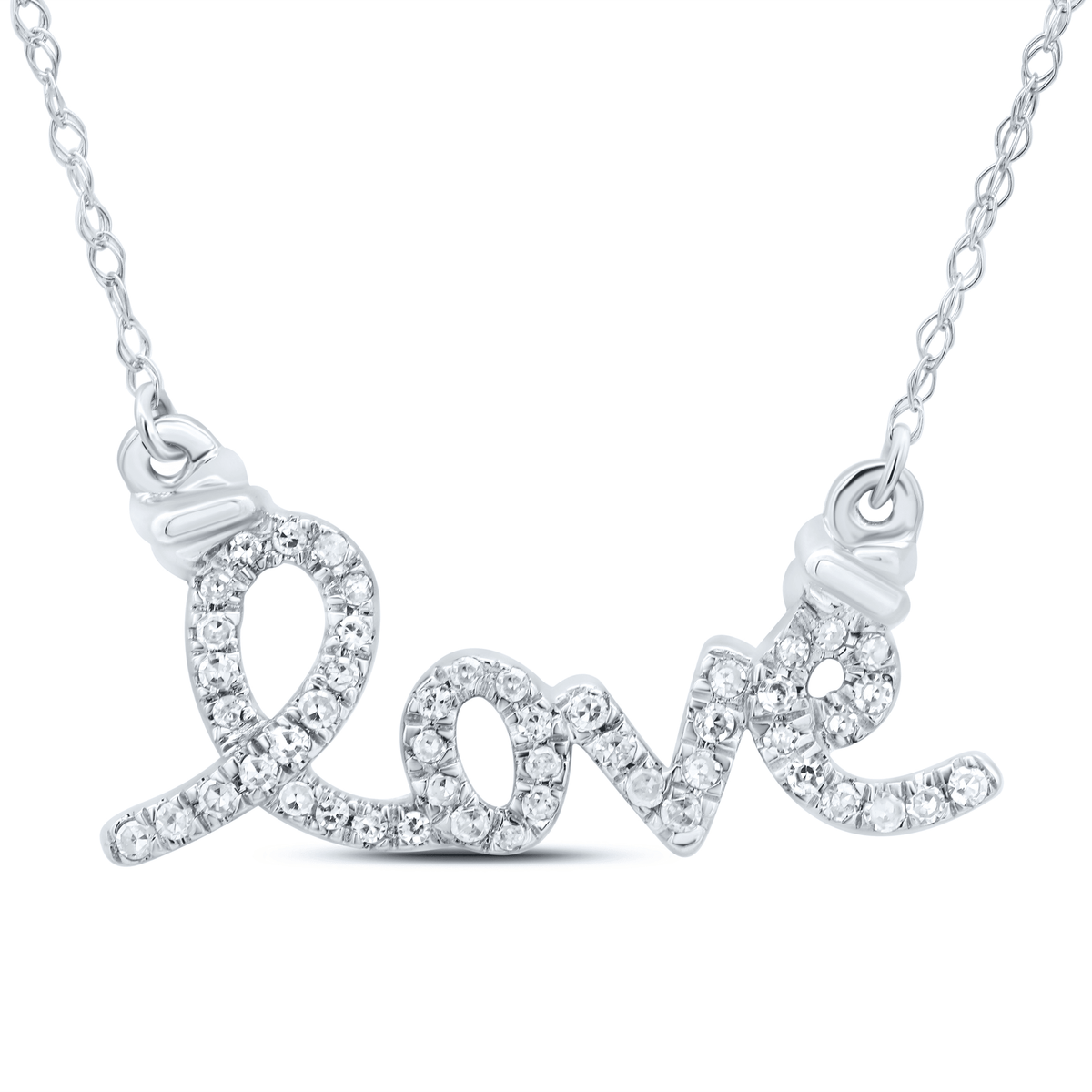 10K White Gold Round Diamond Womens Cursive Love Pendant Necklace 1/8 Cttw - Splendid Jewellery