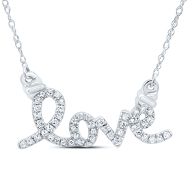 10K White Gold Round Diamond Womens Cursive Love Pendant Necklace 1/8 Cttw - Splendid Jewellery