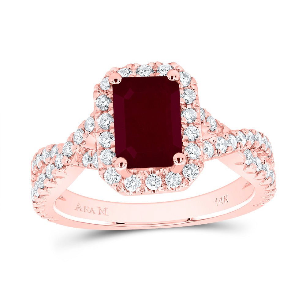 14K Rose Gold Diamond 8x5. Oct Ruby Gemstone Single Halo Engagement Ring 3/4 Cttw - Splendid Jewellery