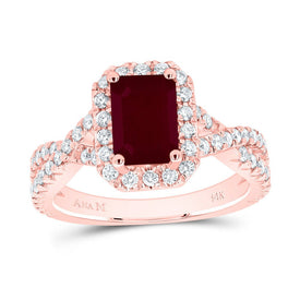 14K Rose Gold Diamond 8x5. Oct Ruby Gemstone Single Halo Engagement Ring 3/4 Cttw - Splendid Jewellery