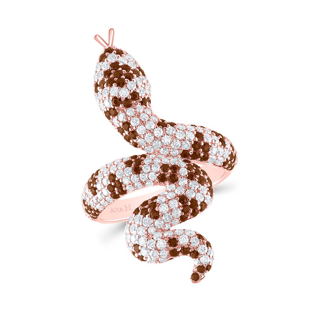 14K Rose Gold Diamond Cognac Brown Snake Ring 1 7/8 Cttw - Splendid Jewellery