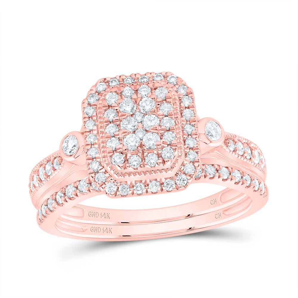 14K Rose Gold Diamond Emerald Double Halo Bridal Set 1/2 Cttw - Splendid Jewellery