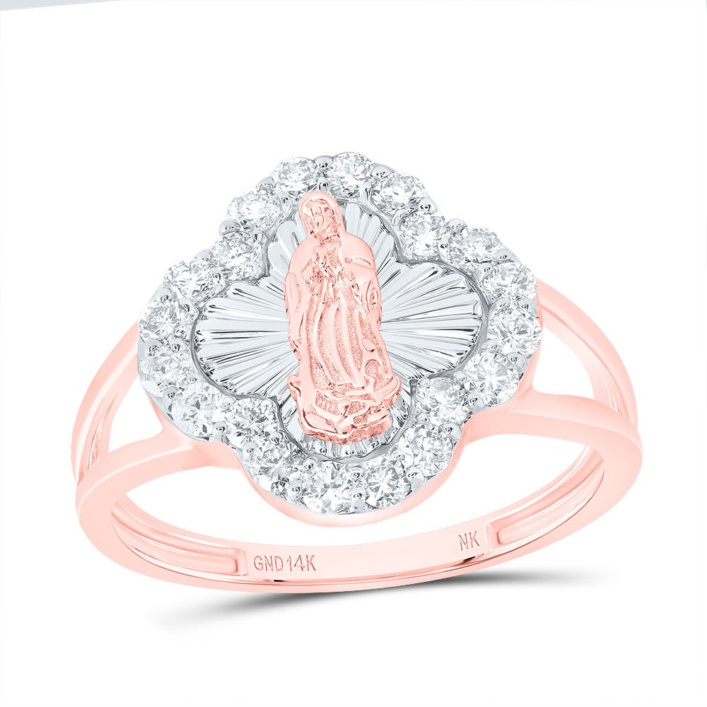 14K Rose Gold Diamond Fashion Virgin Mother Mary Clover Women's Ring 1/2 Cttw - Splendid Jewellery