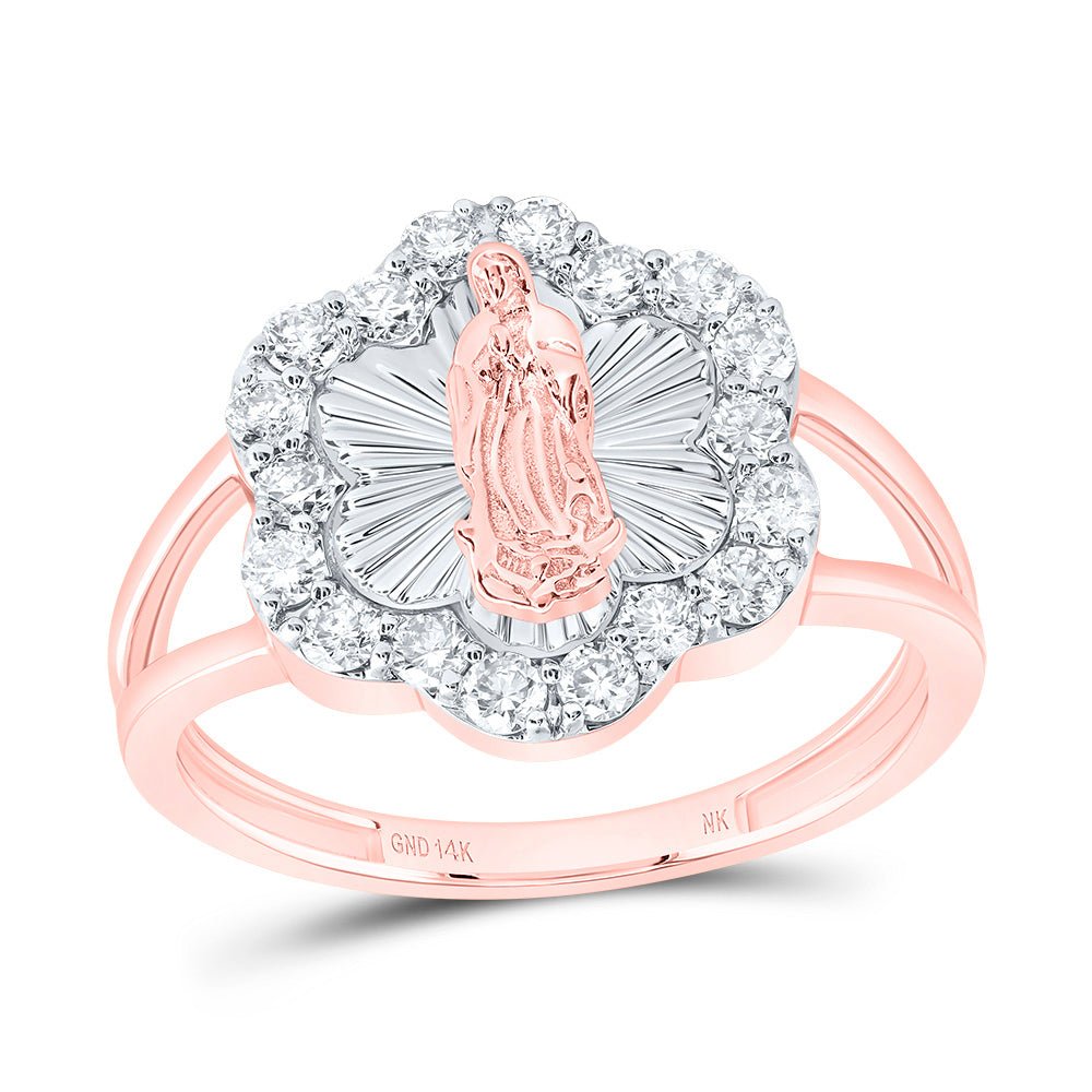14K Rose Gold Diamond Fashion Virgin Mother Mary Flower Women's Ring 1/2 Cttw - Splendid Jewellery