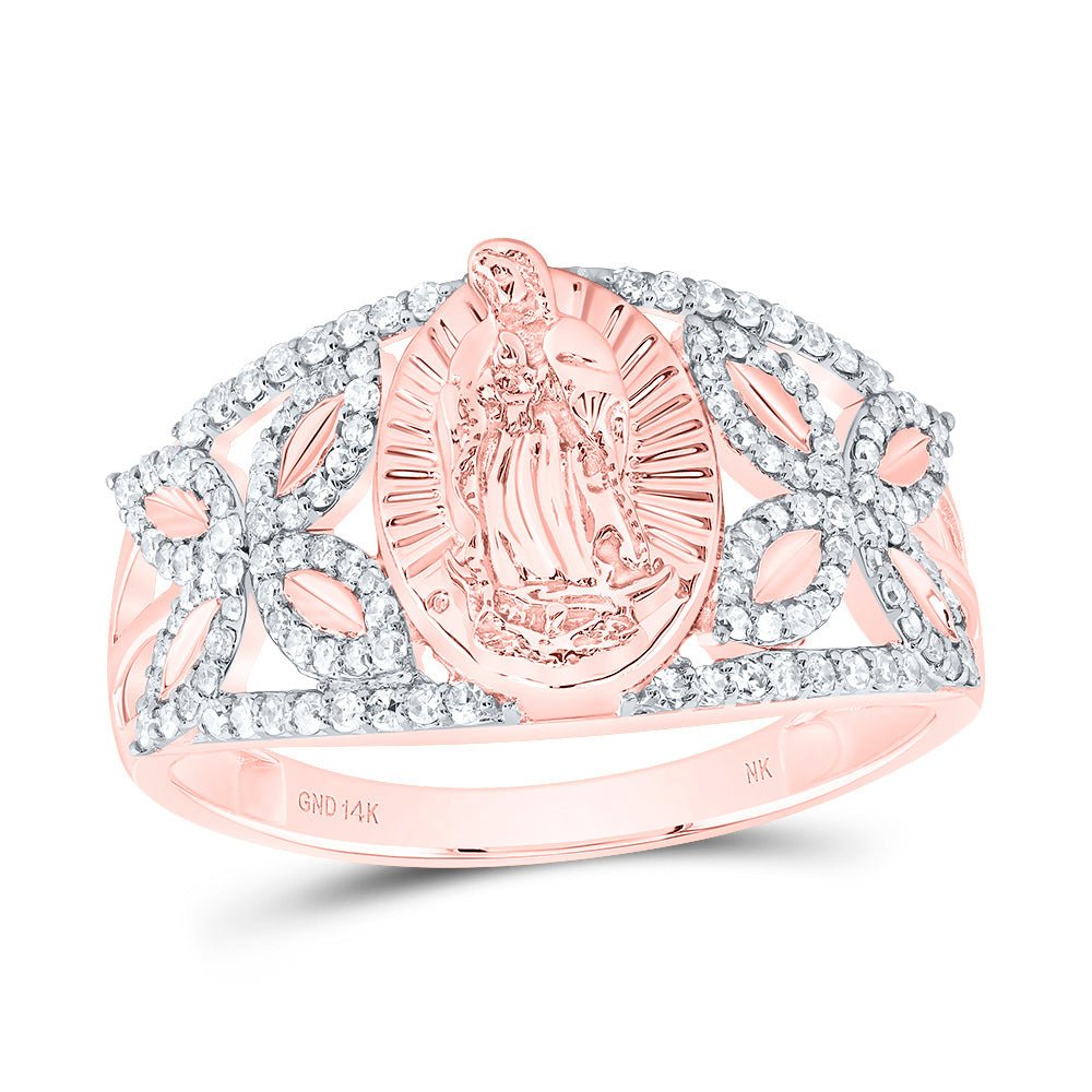 14K Rose Gold Diamond Fashion Virgin Mother Mary Oval Women's Ring 1/3 Cttw - Splendid Jewellery