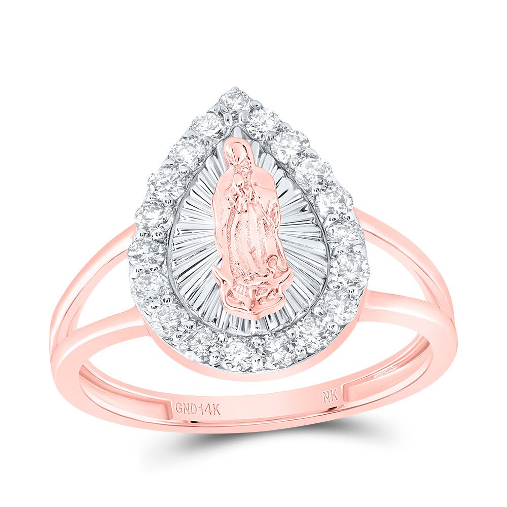 14K Rose Gold Diamond Fashion Virgin Mother Mary Pear Women's Ring 1/2 Cttw - Splendid Jewellery