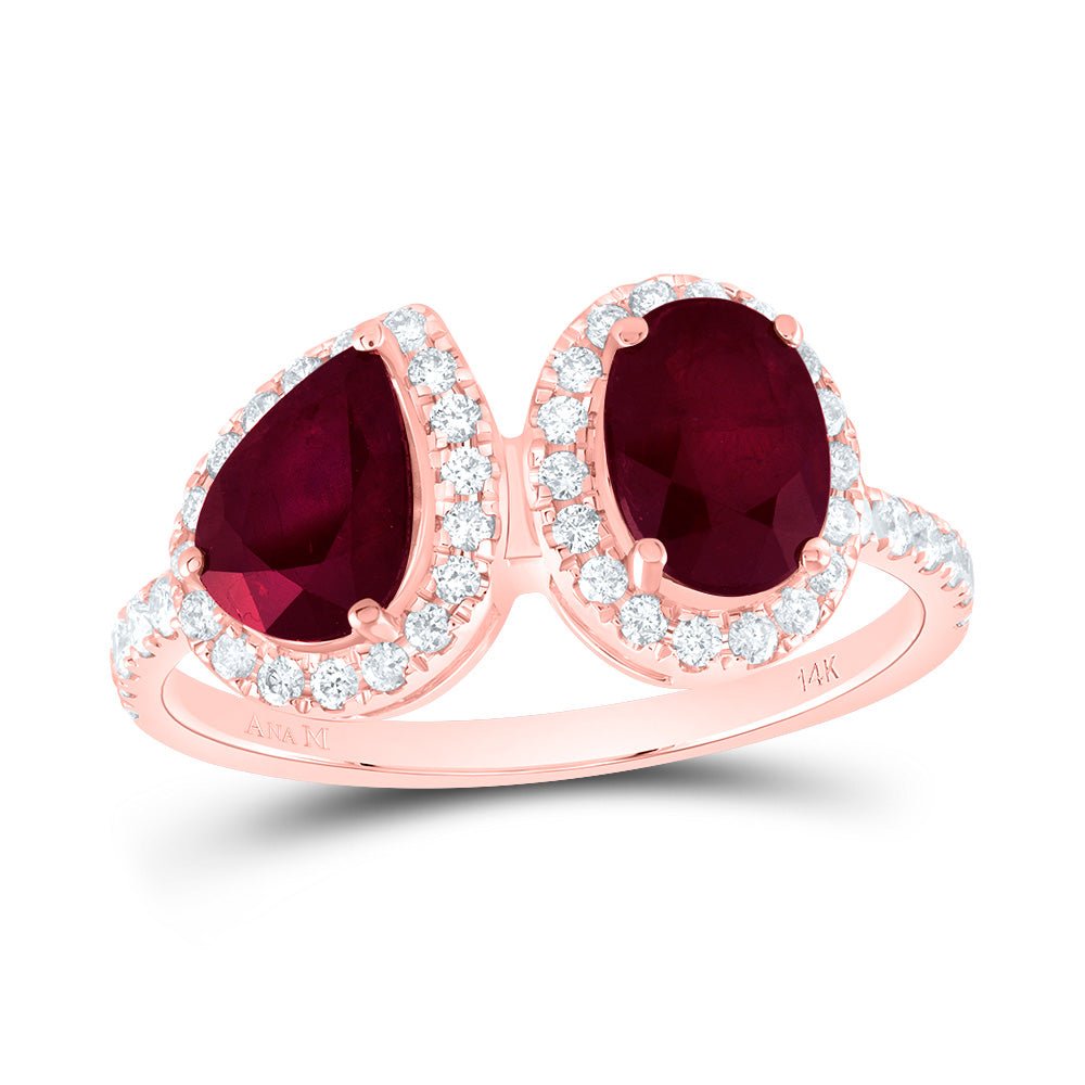 14K Rose Gold Diamond Oval Ruby Gemstone Ring 3/8 Cttw - Splendid Jewellery