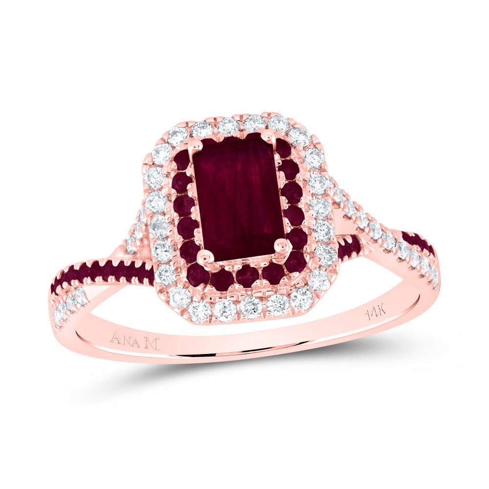 14K Rose Gold Diamond Ruby Gemstone Double Halo Bridal Ring 1/5 Cttw - Splendid Jewellery