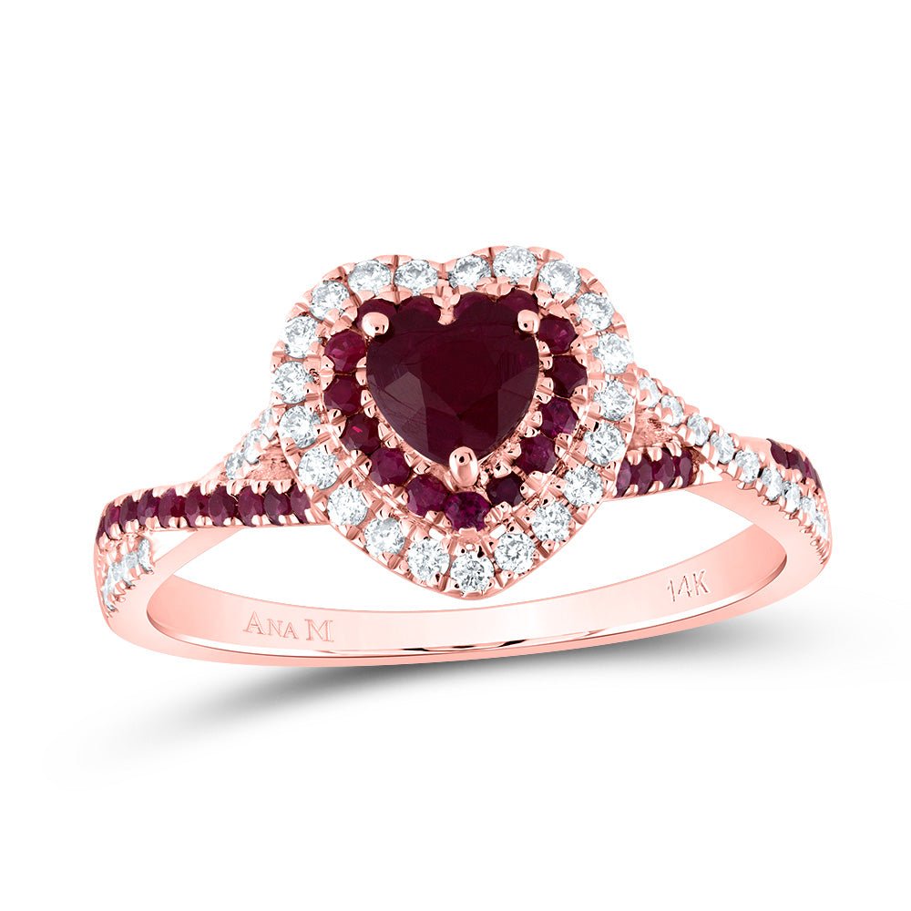 14K Rose Gold Diamond Ruby Gemstone Double Halo Bridal Ring 1/5 Cttw - Splendid Jewellery