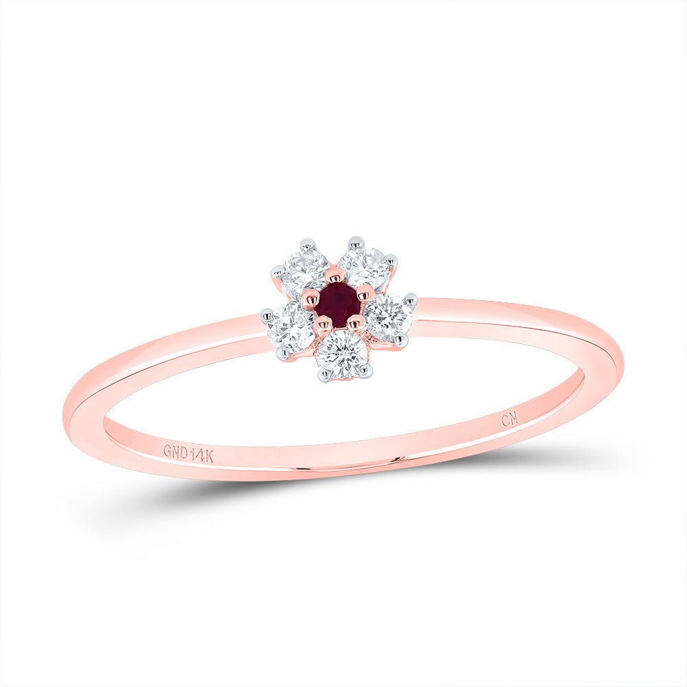 14K Rose Gold Diamond Ruby Gemstone Flower Women's Ring 1/10 Cttw - Splendid Jewellery
