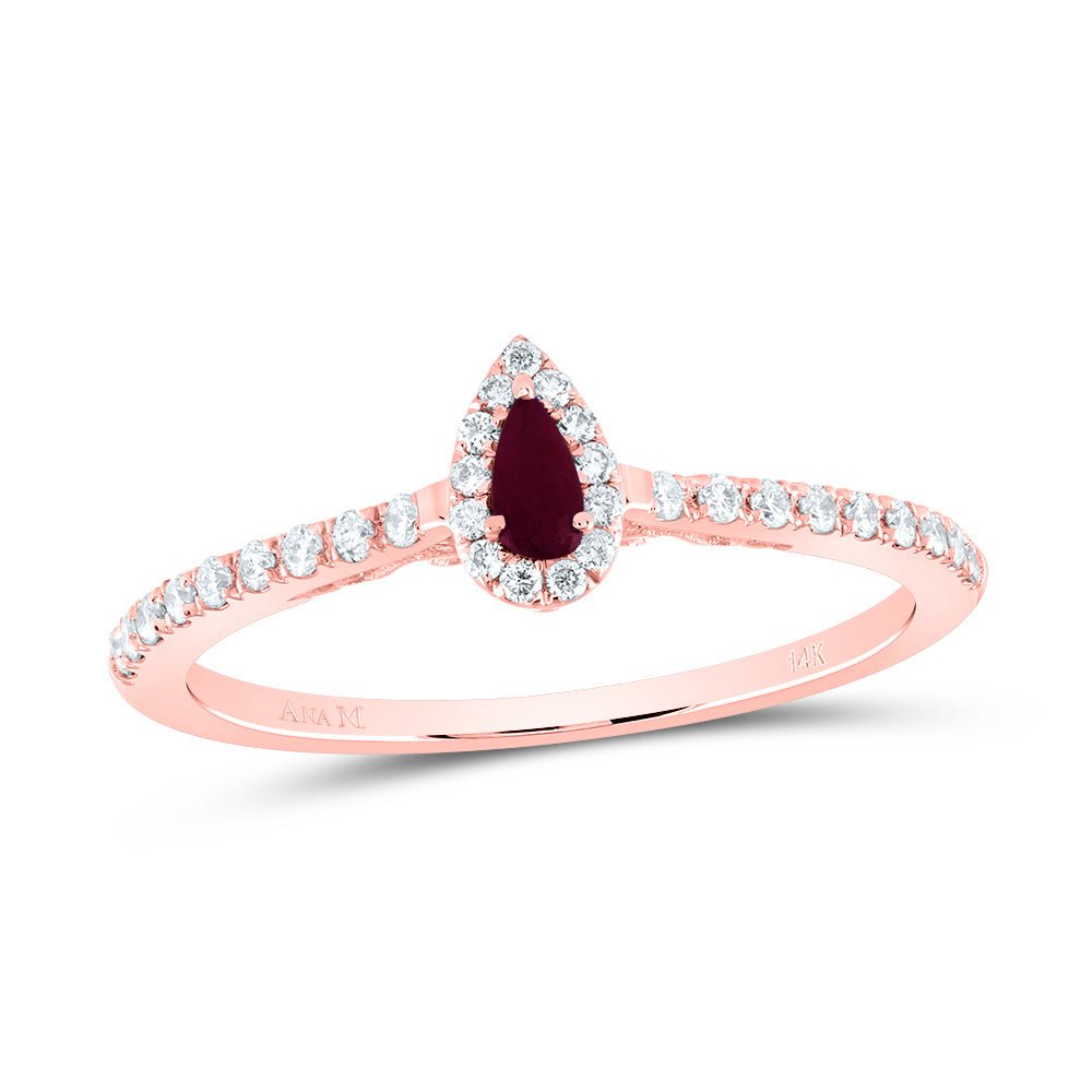 14K Rose Gold Diamond Ruby Gemstone Pear Ring 1/6 Cttw - Splendid Jewellery