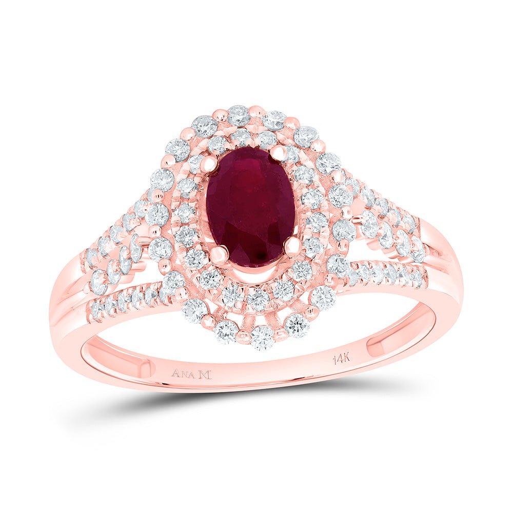14K Rose Gold Diamond Ruby Oval Gemstone Ring 3/8 Cttw - Splendid Jewellery