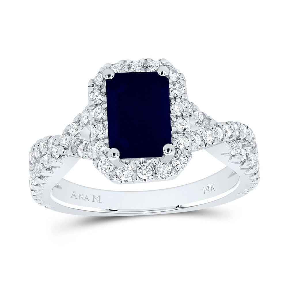 14K White Gold Diamond 8x5. Oct Blue Sapphire Gemstone Single Halo Engagement Ring 3/4 Cttw - Splendid Jewellery