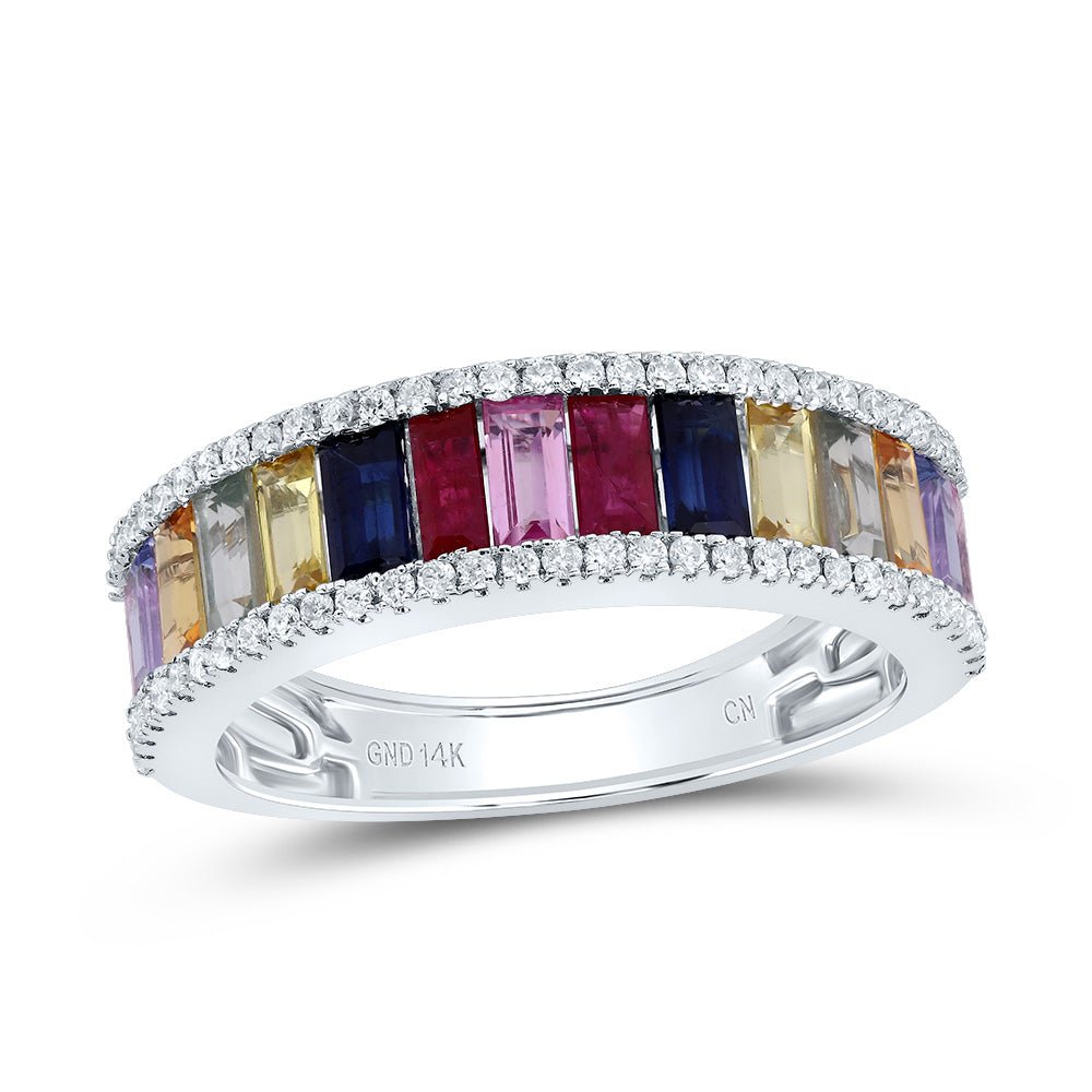 14K White Gold Diamond Bag Gemstone Multi Colour Sapphire Ring 1/4 Cttw - Splendid Jewellery