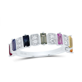 14K White Gold Diamond Bag Gemstone Multi Colour Sapphire Ring 1/6 Cttw - Splendid Jewellery