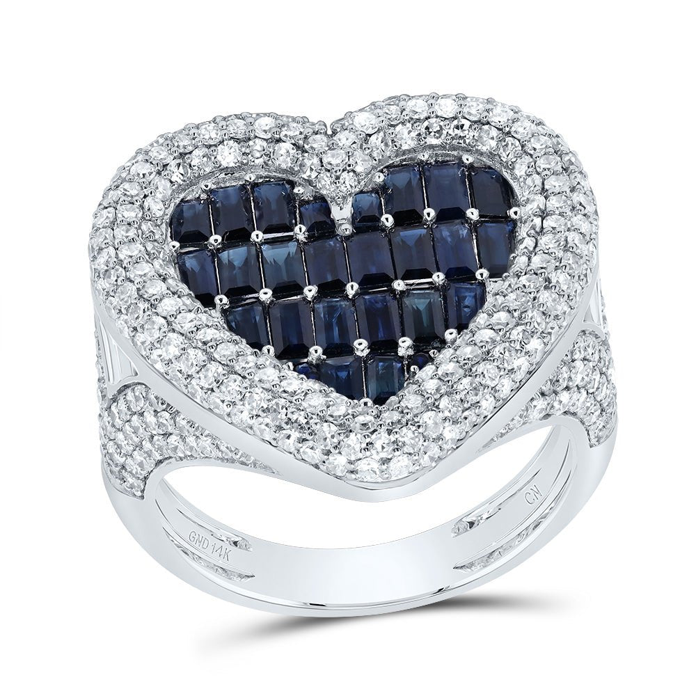 14K White Gold Diamond Blue Sapphire, Bag Blue Sapphire, Gemstone Heart Ring 1 5/8 Cttw - Splendid Jewellery