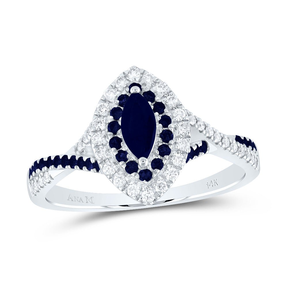 14K White Gold Diamond Blue Sapphire Blue Sapphire Gemstone Double Halo Bridal Ring 1/5 Cttw - Splendid Jewellery