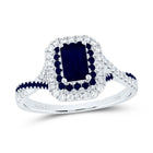 14K White Gold Diamond Blue Sapphire Emerald Blue Sapphire Gemstone Double Halo Bridal Ring 1/5 Cttw - Splendid Jewellery